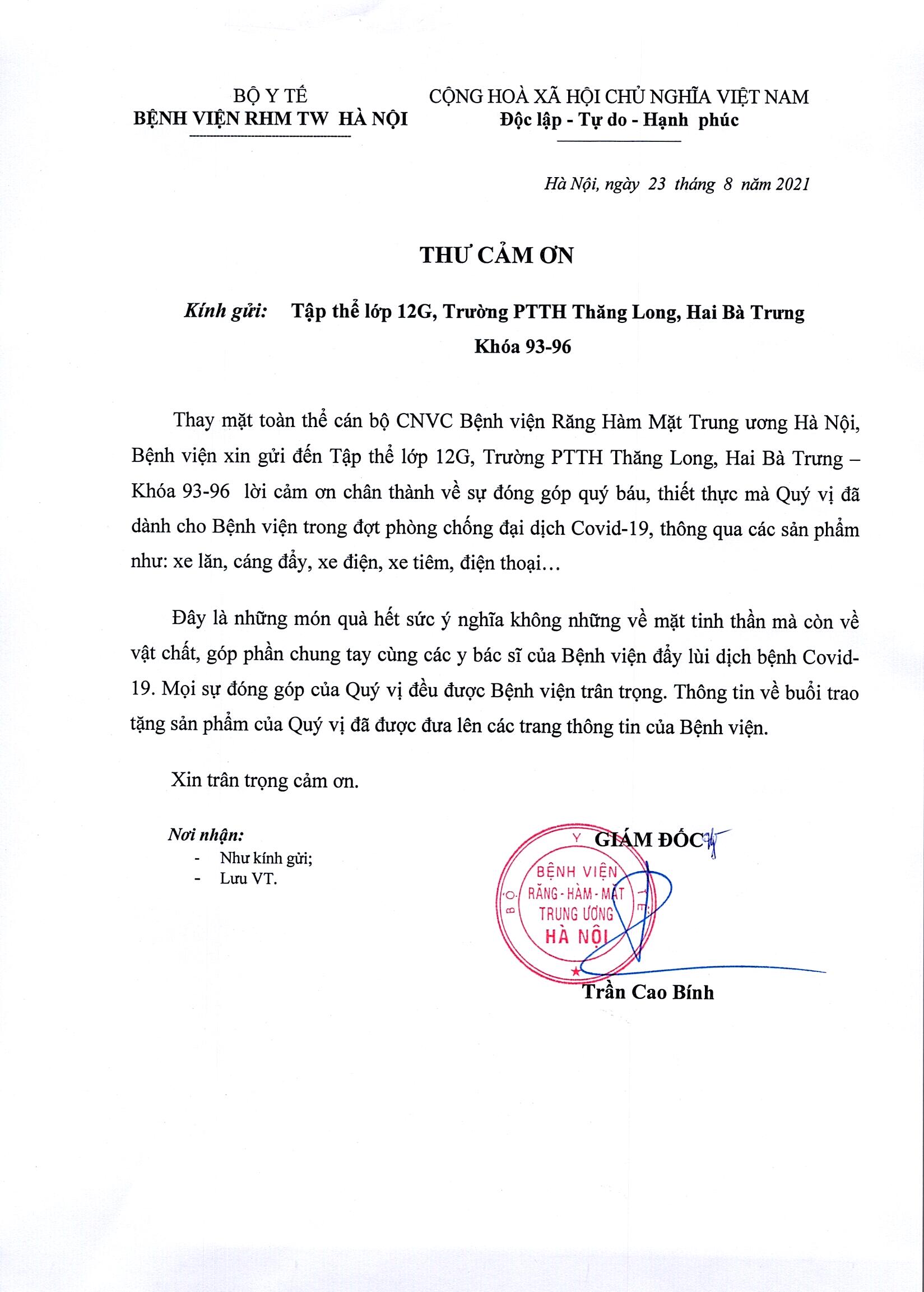 THƯ CẢM ƠN TẬP THỂ LỚP 12G - KHOÁ 93-96 TRƯỜNG PTTH THĂNG LONG - HAI BÀ TRƯNG
